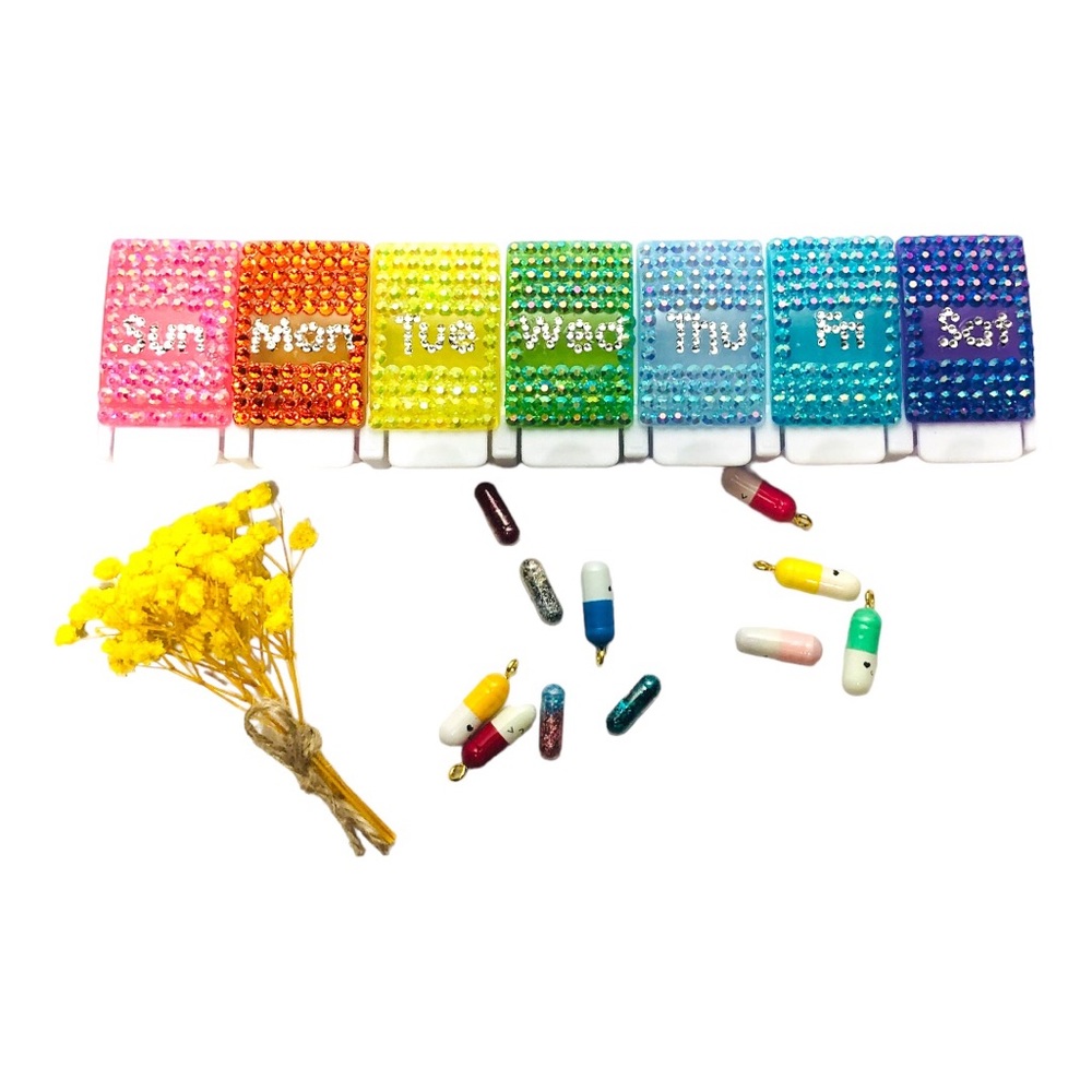Handmade | Rainbow Rhinestone Weekly Pill Case/Container, Arthritis Friendly